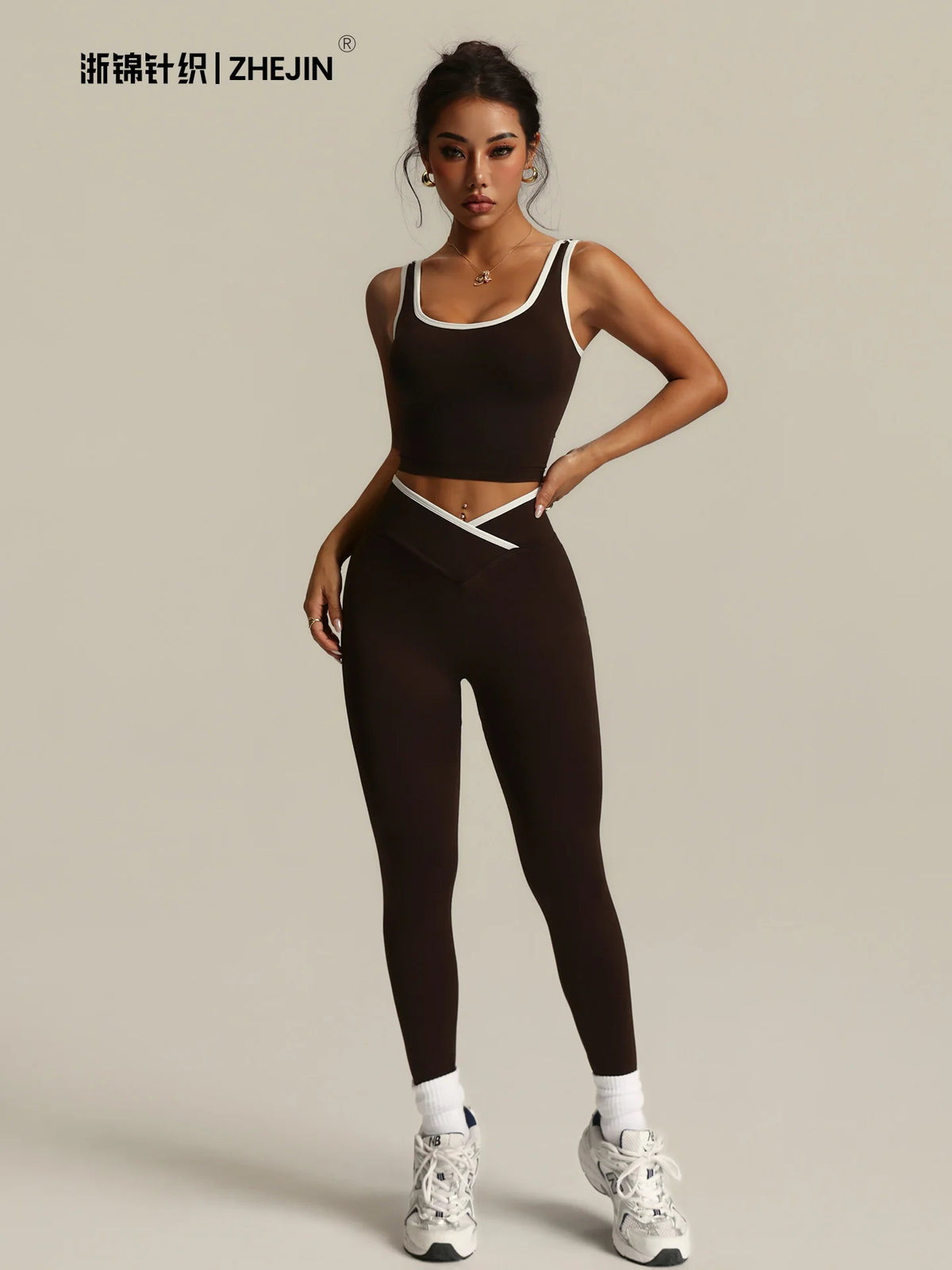 Conjunto de Yoga de 2 Piezas para Mujer, Leggings con Cintura Cruzada en V, Bra Deportivo con Ribete en Contraste, Conjunto Deportivo para Gimnasio, Ropa Deportiva.