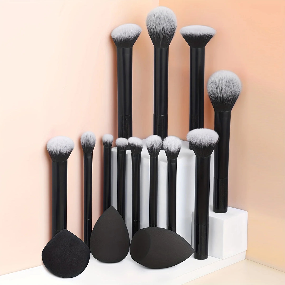 Juego completo de brochas de maquillaje clásicas de 12 piezas con licuadoras en ángulo y en forma de lágrima, 1 soplo de polvo, herramientas de aplicación profesionales, nailon.