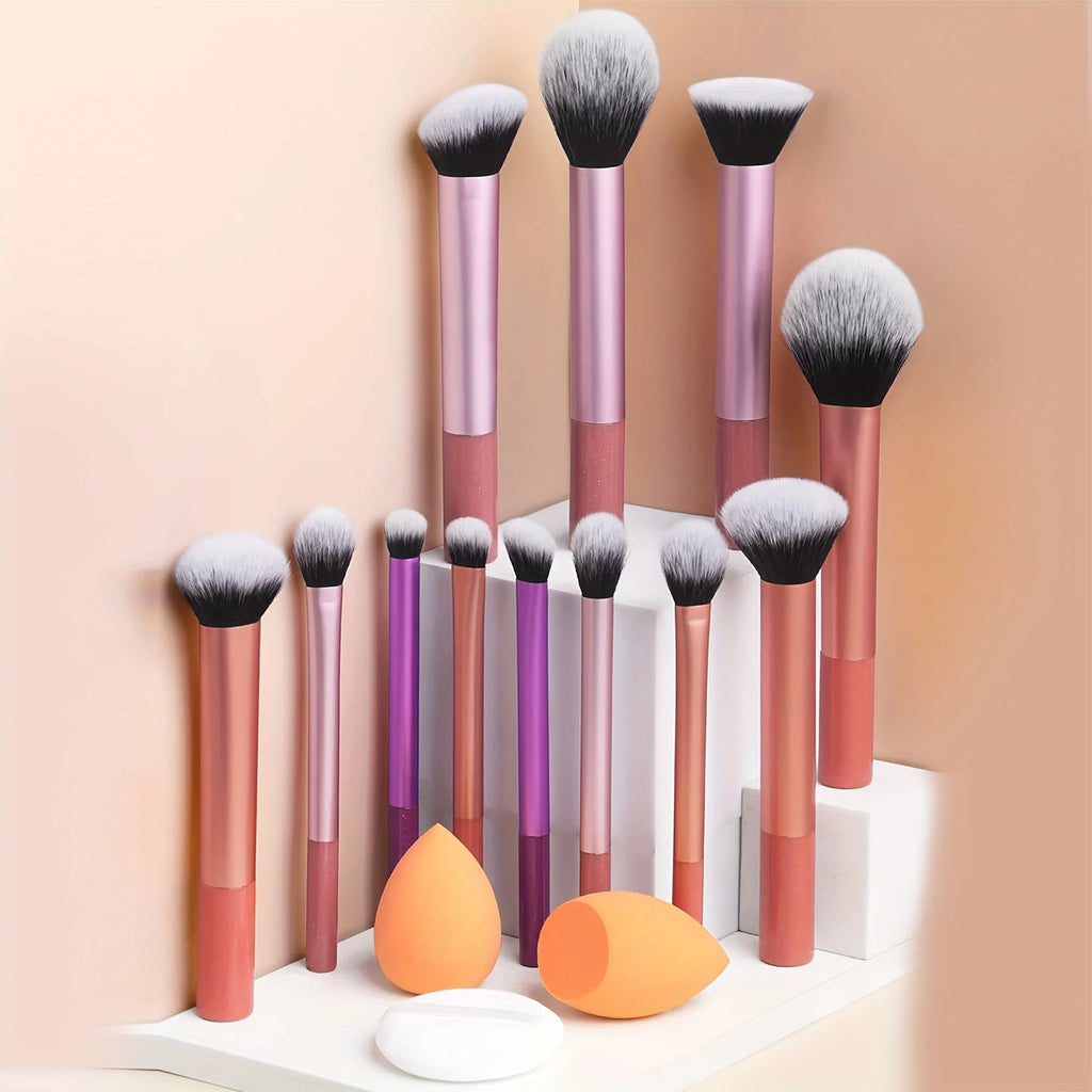 Juego completo de brochas de maquillaje clásicas de 12 piezas con licuadoras en ángulo y en forma de lágrima, 1 soplo de polvo, herramientas de aplicación profesionales, nailon.
