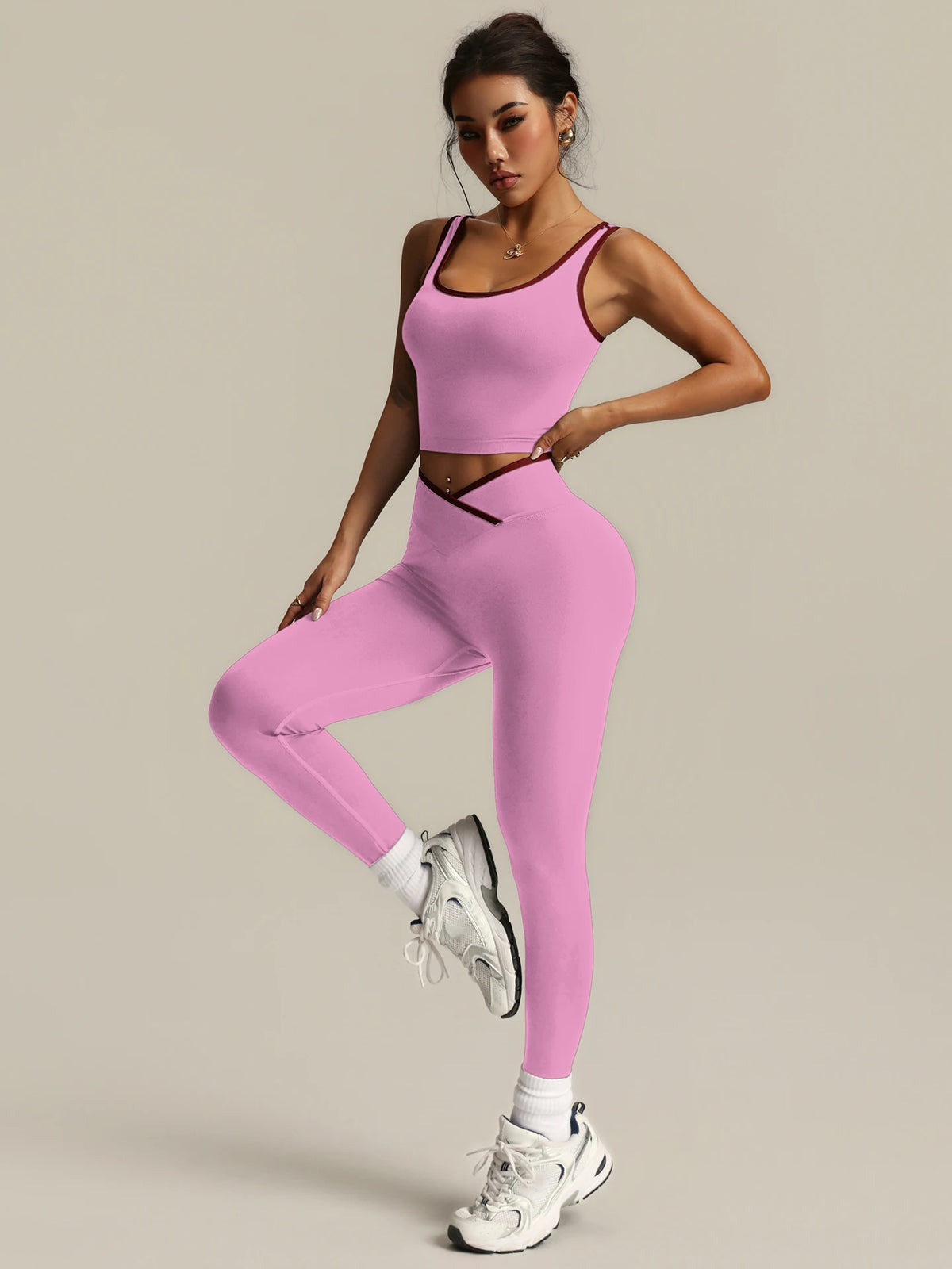 Conjunto de Yoga de 2 Piezas para Mujer, Leggings con Cintura Cruzada en V, Bra Deportivo con Ribete en Contraste, Conjunto Deportivo para Gimnasio, Ropa Deportiva.