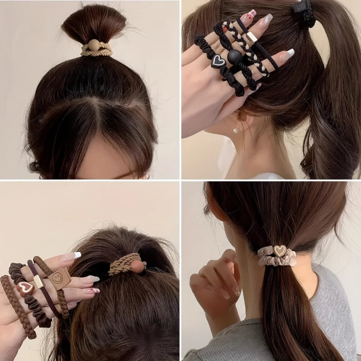 Conjunto de lazos para el cabello para mujer: lindas diademas elásticas con dijes de corazón y cuentas para todo tipo de cabello, para coletas y entrenamientos.