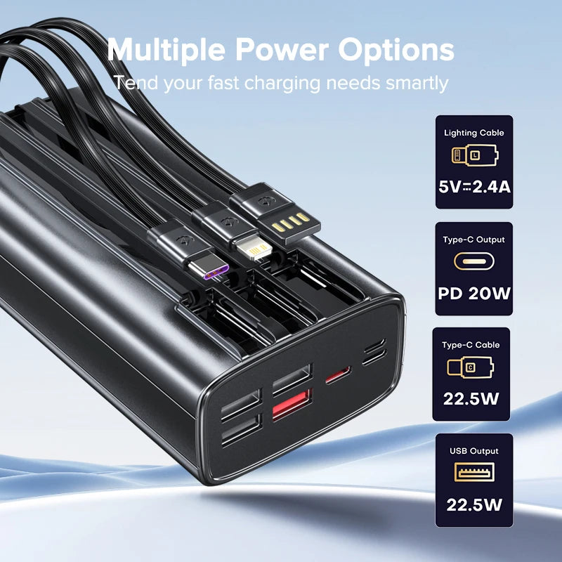 cargador portatil 30000mAh,Cable incorporado de carga rápida de 22,5 W, cargador portátil de batería grande externa para iPhone, Samsung y Xiaomi