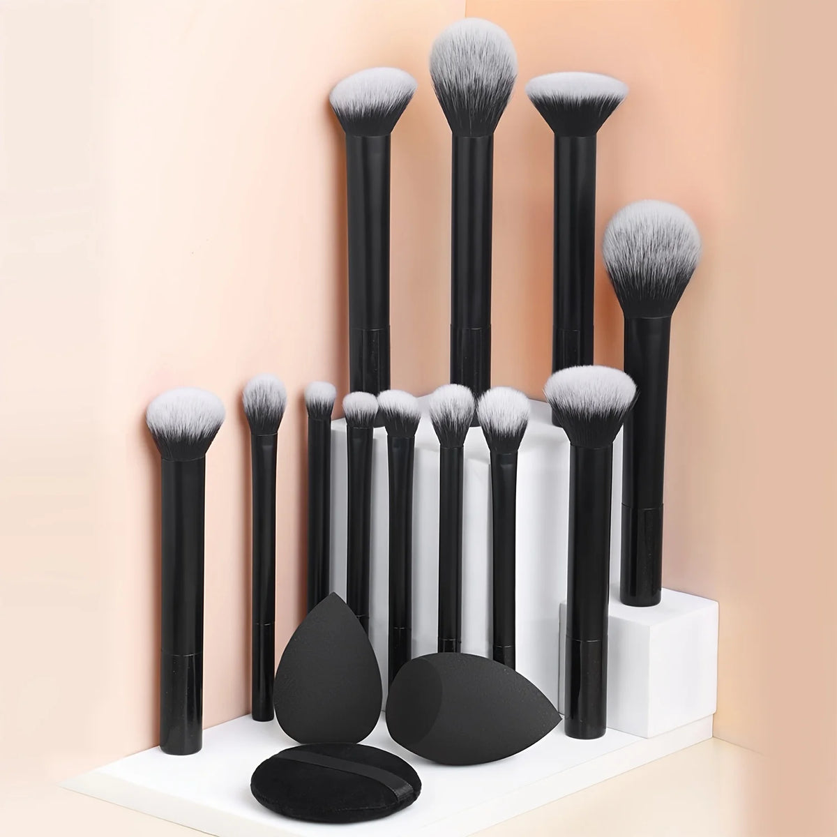 Juego completo de brochas de maquillaje clásicas de 12 piezas con licuadoras en ángulo y en forma de lágrima, 1 soplo de polvo, herramientas de aplicación profesionales, nailon.
