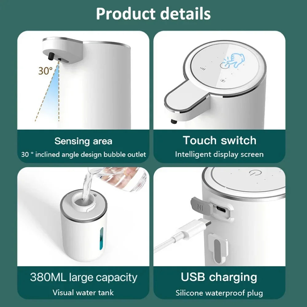 Dispensador de Jabón Automático Sin Contacto, Dispensador de Jabón Espumoso de 380 ml, Recargable por USB, Eléctrico, 4 Niveles, Producto Ecológico.