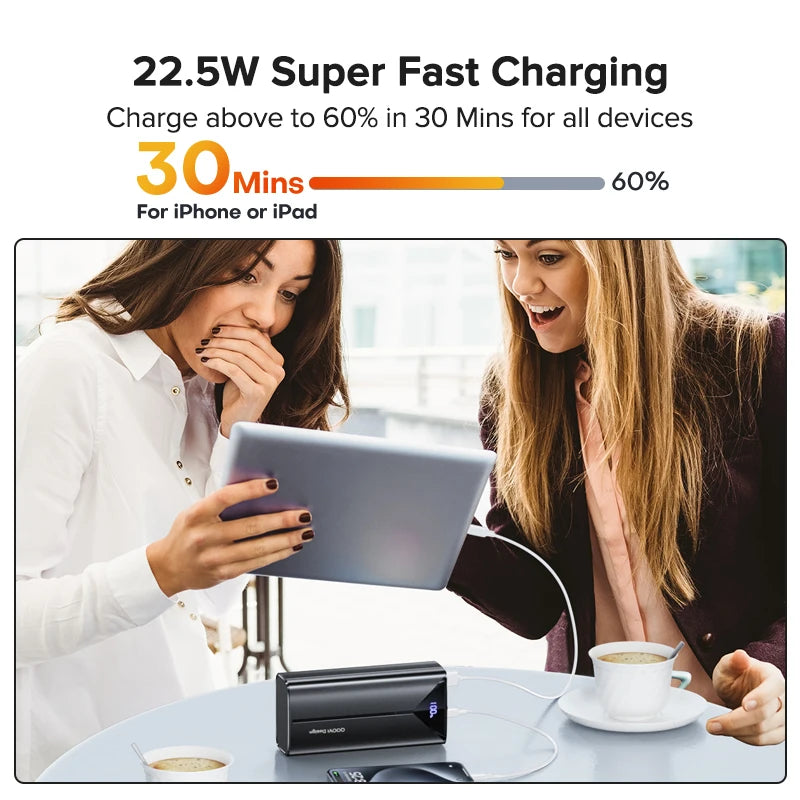 cargador portatil 30000mAh,Cable incorporado de carga rápida de 22,5 W, cargador portátil de batería grande externa para iPhone, Samsung y Xiaomi