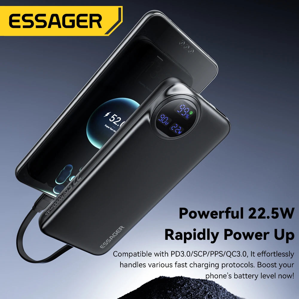 Cargador portátil para iPhone 17 16 15 Pro Charge 4 dispositivos de una sola vez , con dos cables incorporados,Essager 22,5 W Power Bank 20000 mAh