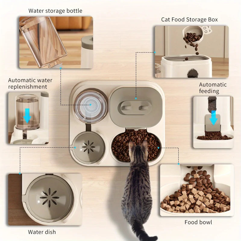 Comedero Automático para Gatos con Diseño Antiderrames y Fuente de Agua, Dispensador de Comida para Mascotas para Gatos y Perros Pequeños, Medianos y Grandes.