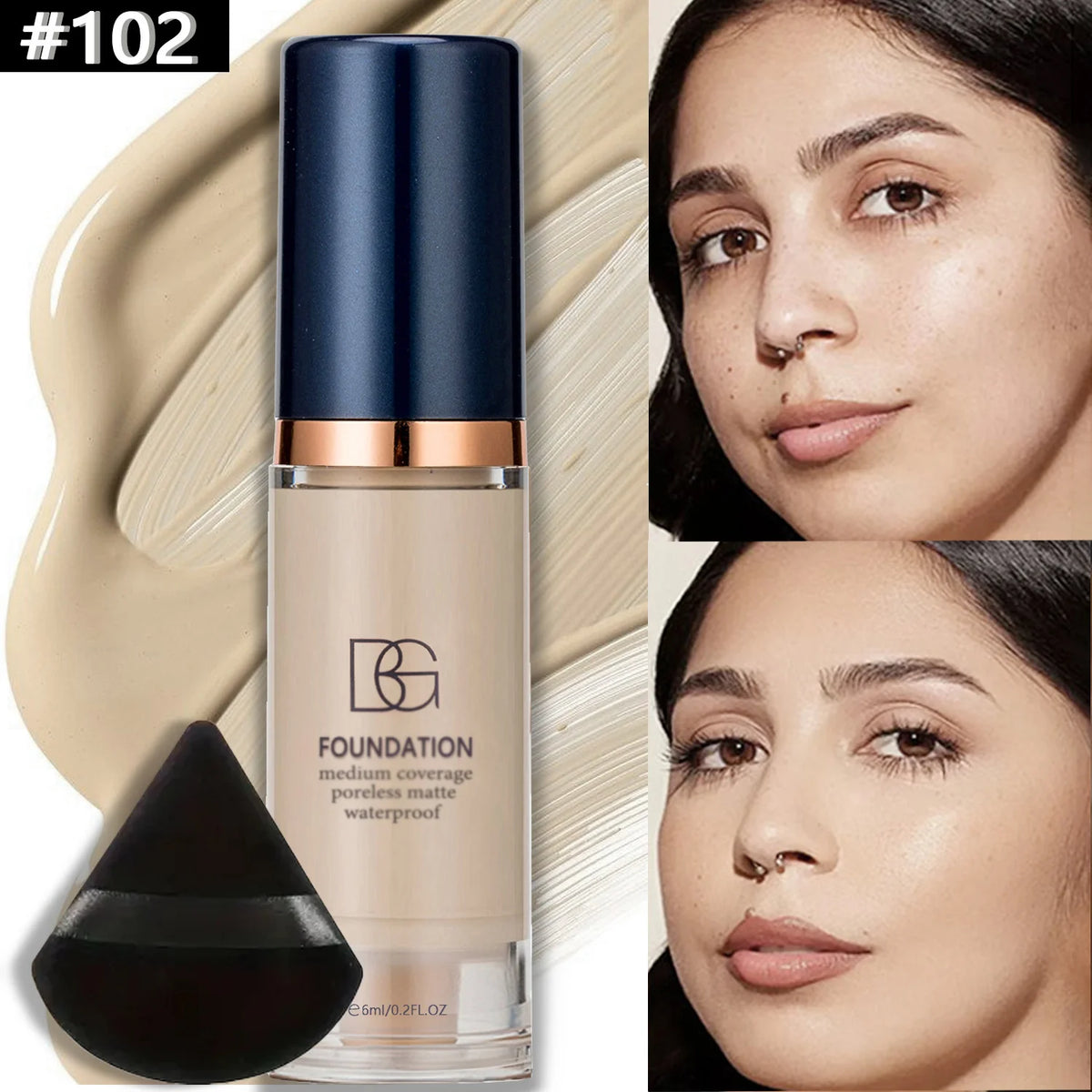 Base líquida resistente al agua de cobertura completa, esponja de polvo Triangular negro, acabado mate de larga duración, cubierta de círculo oscuro y imperfecciones, 2 uds.