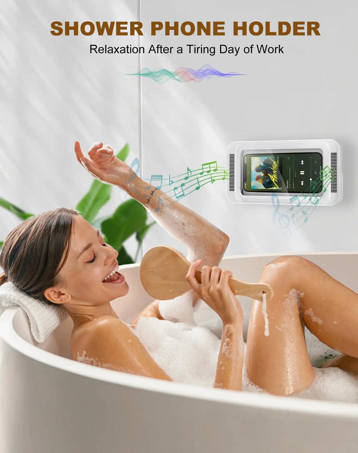 Soporte de Móvil para Ducha con Altavoz | Rotación 480° | Antihumedad