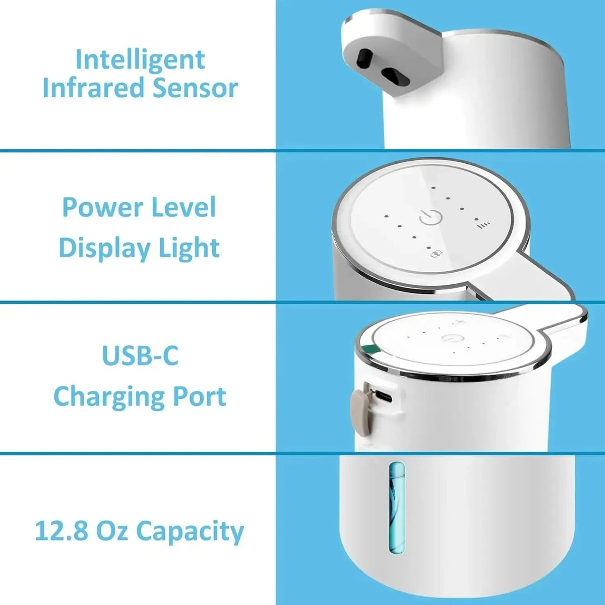 Dispensador de Jabón Automático Sin Contacto, Dispensador de Jabón Espumoso de 380 ml, Recargable por USB, Eléctrico, 4 Niveles, Producto Ecológico.
