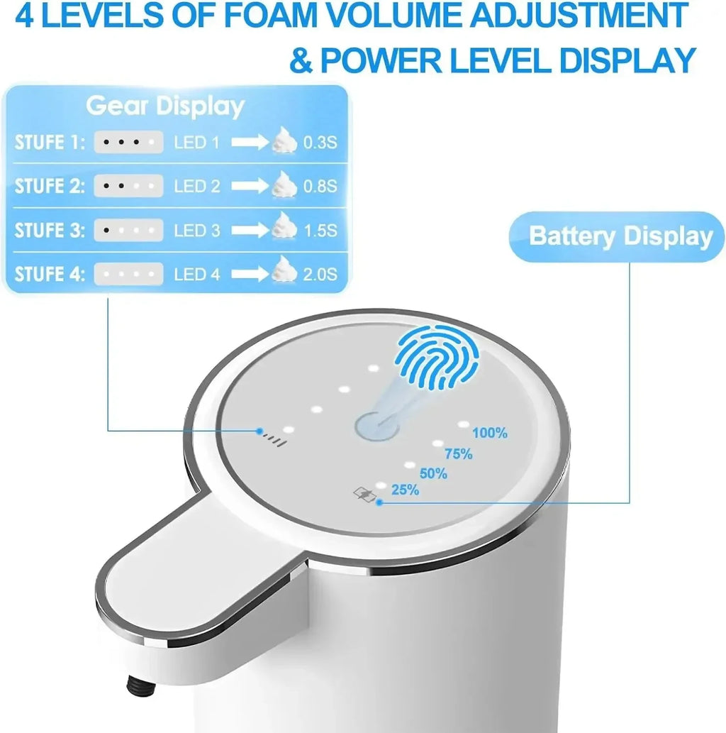 Dispensador de Jabón Automático Sin Contacto, Dispensador de Jabón Espumoso de 380 ml, Recargable por USB, Eléctrico, 4 Niveles, Producto Ecológico.