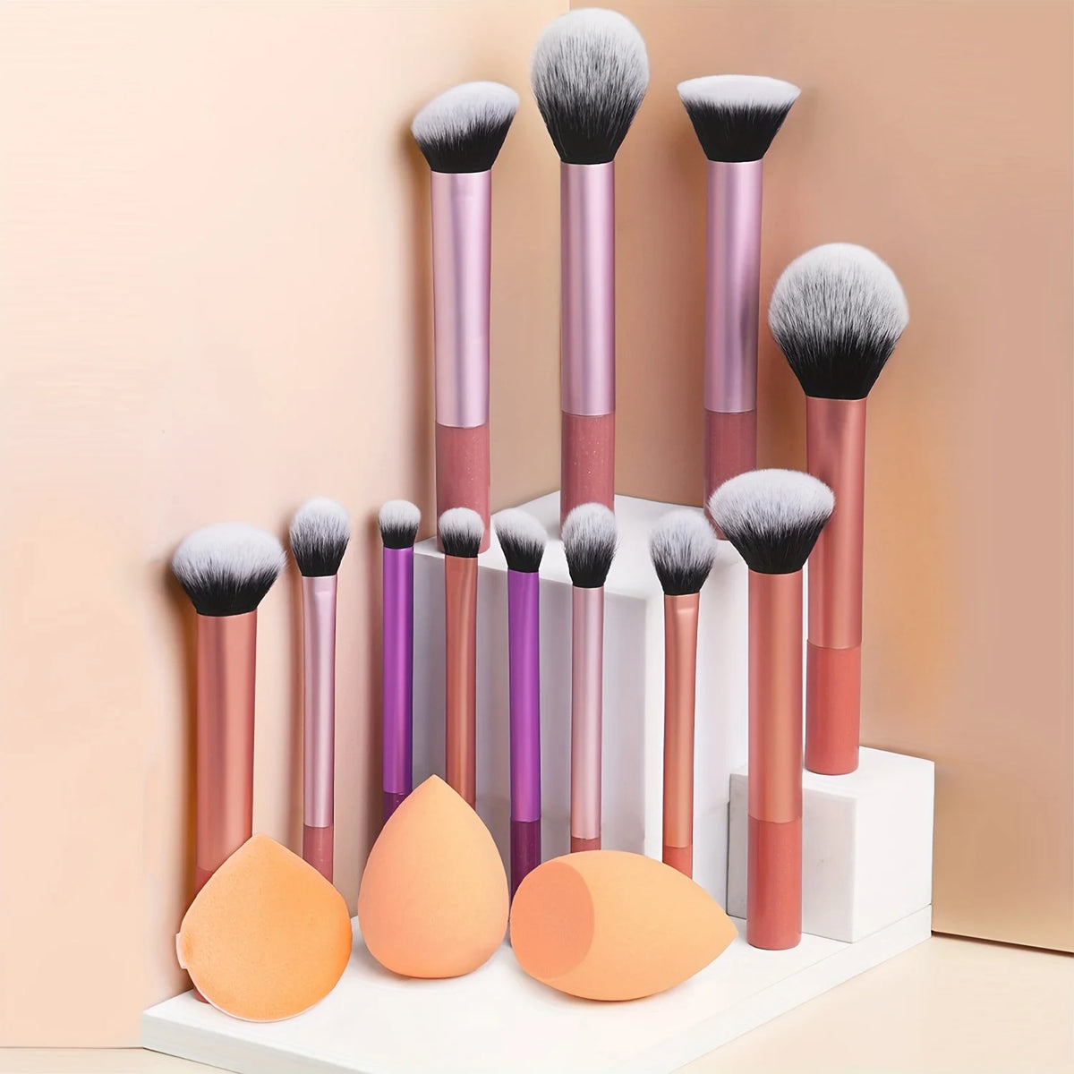 Juego completo de brochas de maquillaje clásicas de 12 piezas con licuadoras en ángulo y en forma de lágrima, 1 soplo de polvo, herramientas de aplicación profesionales, nailon.