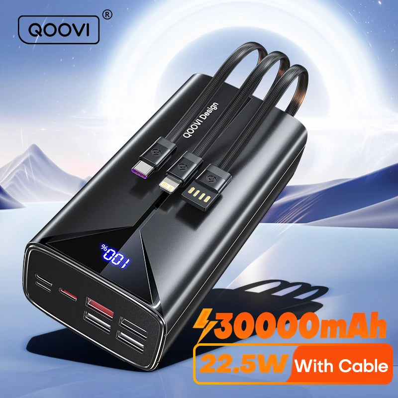 cargador portatil 30000mAh,Cable incorporado de carga rápida de 22,5 W, cargador portátil de batería grande externa para iPhone, Samsung y Xiaomi